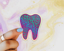 Load image into Gallery viewer, Leopard Tooth Holographic Sticker, Tooth Laptop Sticker, Water Bottle Sticker, Cheetah Tooth Sticker, Tumbler Sticker, Dental Assistant Sticker, Dentist