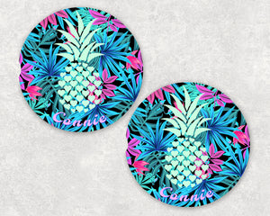 Pineapple Tropical Personalized Car Coasters, Pineapple Coaster, Name Coasters, Tropical Personalized Coaster, Sandstone Coasters, Set of 2