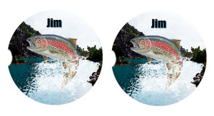 Trout Fishing Ceramic Car Coasters, Personalized, Set of 2, Trout Coaster, Car Coasters for Men, Fish Coaster, Gift for Fisherman, Fish