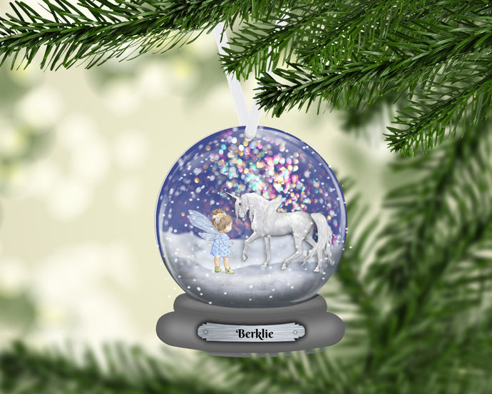 Unicorn and Fairy Snow Globe Christmas Ornament Personalized, Name Ornament, Custom Christmas Holiday, Gift for Girl, Unicorn Gift, Baby's First