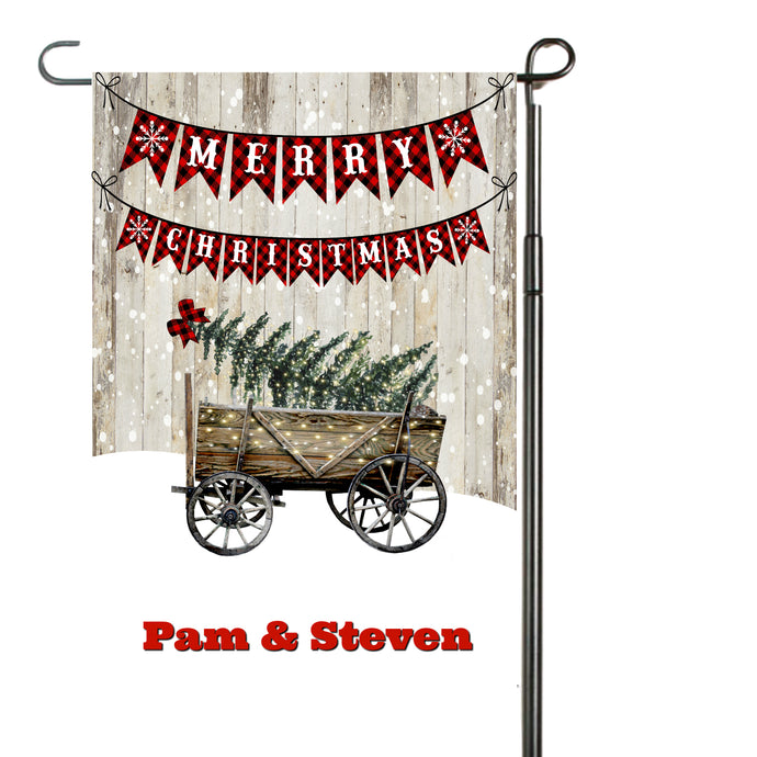 Buffalo Plaid Wooden Wagon Garden Flag, Personalized Garden Flag, Christmas Garden Flag, Family Gift, Custom Garden Flag, Christmas Decor