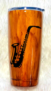 Musical Instrument Wood Grain Tumbler, Personalized, Musician Gift, Gift, Gift for Man, Saxophone, Trumpet, Father's Day, Insulated, 20 oz